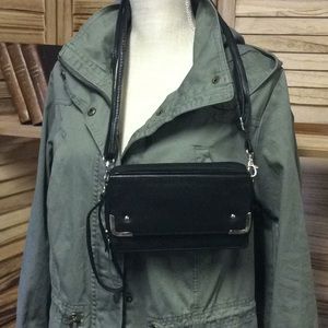 BLACK LEATHER Double Zip Ring Crossbody Wallet On A String NWOT